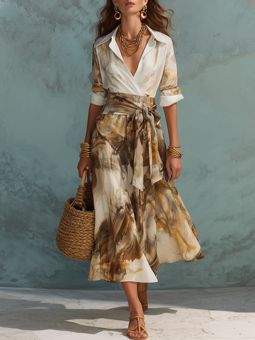 Gold And Brown Printed Shirt And Wrap Skirt Set
