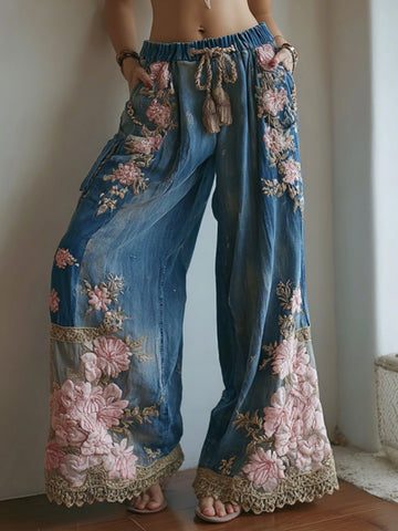 Women's Vintage Floral Embroidered Art Print Flowy Linen Blend Pants