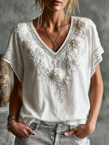 Women's Vintage Rose Floral Art Short Sleeve Casual T-shirt
