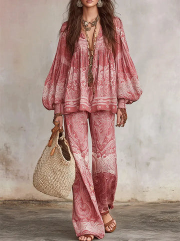 Women's Retro Floral Art Print Casual Long Sleeve Top And Pants Suits