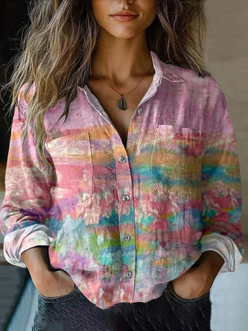 Women's Retro Gradient Cancer Awareness Ribbon Gradient Art Casual Linen Shirt