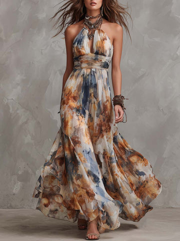 Vintage Oil Painting Style Halter-Neck Chiffon Maxi Dress