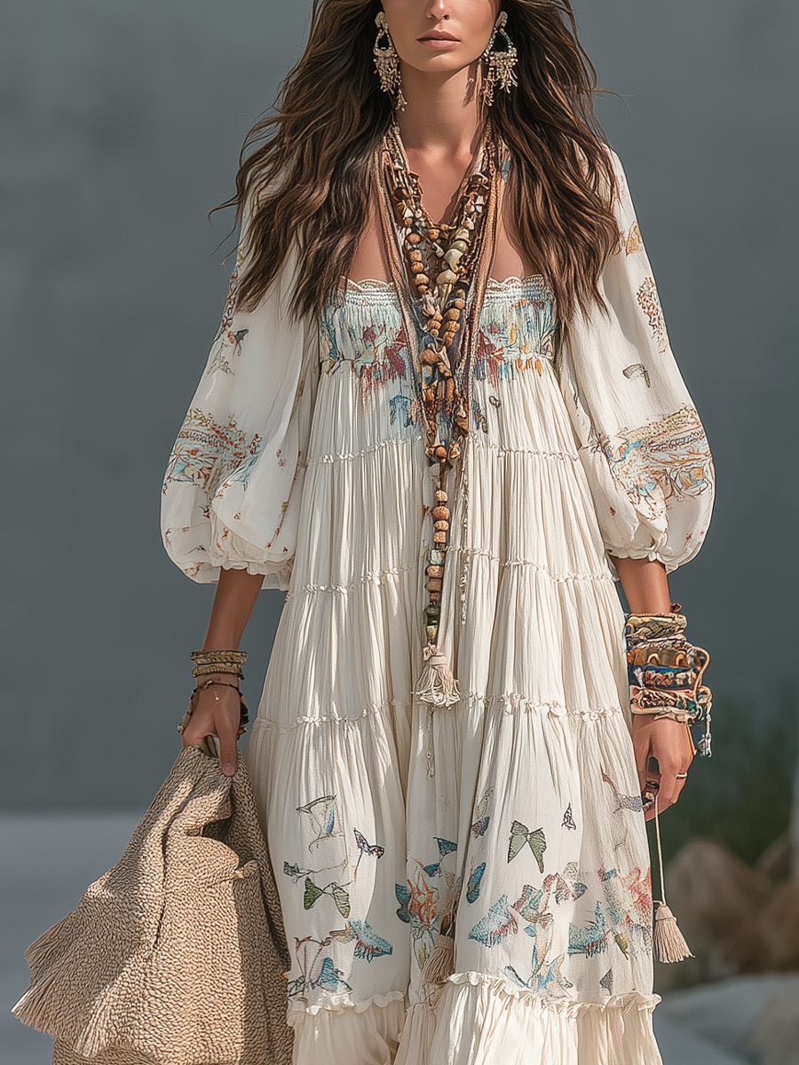 Ivory Bohemian Print Puff Sleeve Maxi Dress