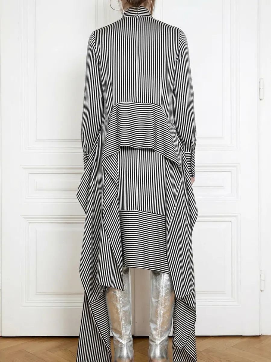 Women's Retro Stylish Irregular Striped Art Casual Long Sleeve Maxi Dress