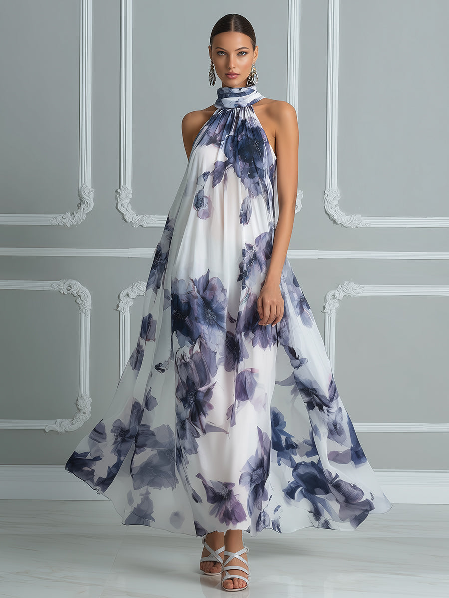 Ethereal Watercolor Floral Chiffon Halter Maxi Dress