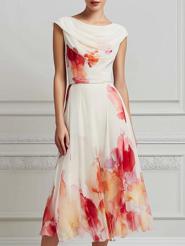 Bateau Neck Artistic Floral Midi Dress