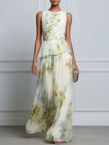 Layered Floral Sleeveless Peplum Waist Flowing Maxi Dress