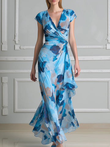 V-Neck Ruched Waist Asymmetric Hem Floral Maxi Dress