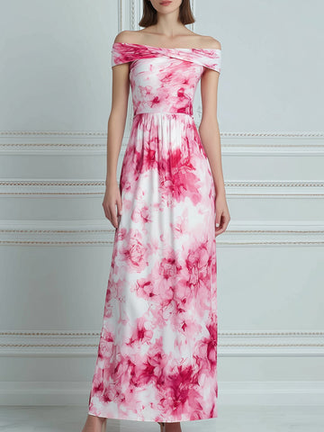 Off-Shoulder Floral Print A-Line Maxi Dress