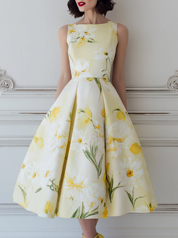 Elegant Yellow & White Floral Print Sleeveless Midi Dress
