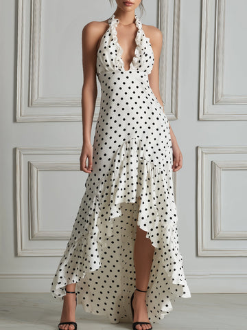 V-Neck Polka Dot Ruffle Strap Bodycon Midi Dress