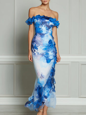 Off-Shoulder Abstract Print Ruffle Hem Bodycon Maxi Dress