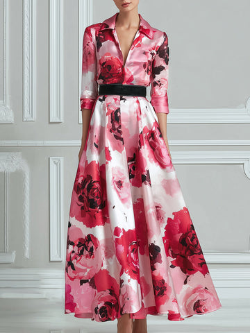 Floral Print Belted A-Line Midi Dress