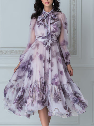 Flowy Watercolor Floral Purple Chiffon Midi Dress