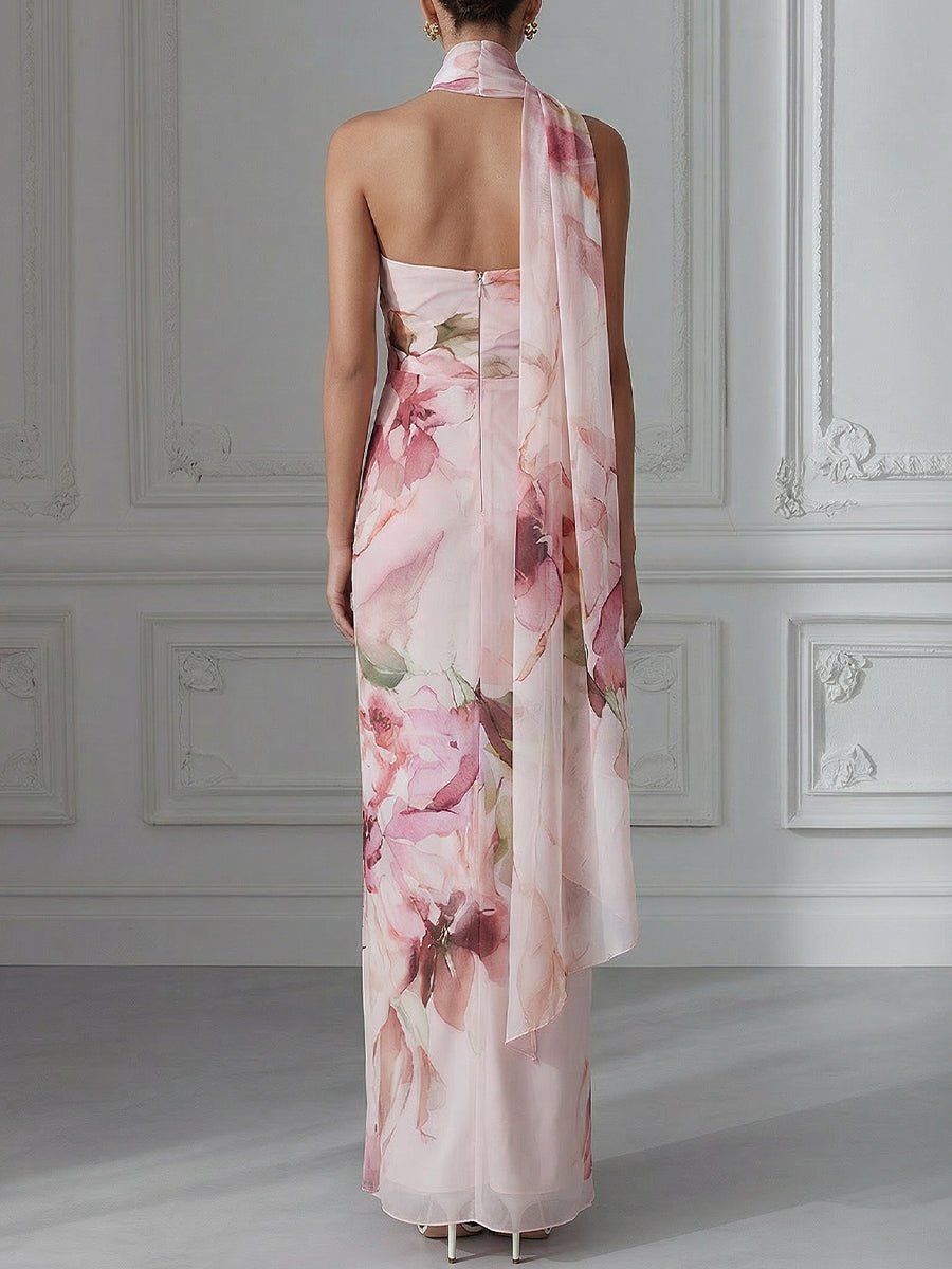 Halter Neck Floral Draped Bodycon Maxi Dress
