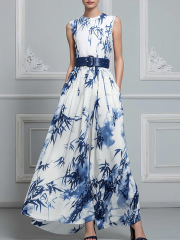 Sleeveless Blue And White Ink Bamboo Print Chiffon Maxi Dress