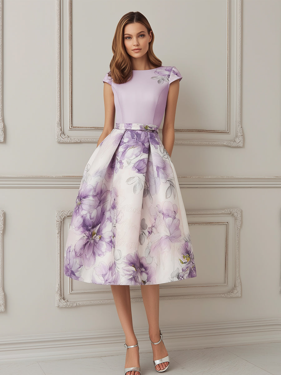 Lavender Purple Floral Print A-Line Midi Dress
