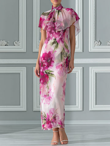 Floral Print Maxi Dress With Flutter Capelet