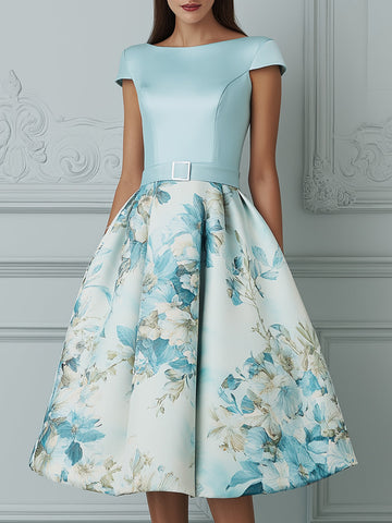 Elegant Boat Neck Cap Sleeve A-Line Midi Dress