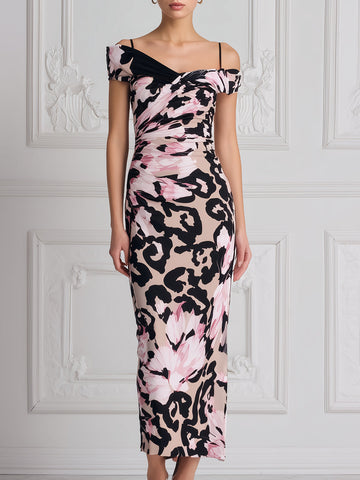 Off-the-Shoulder Abstract Floral Print Ruched Midi Dress