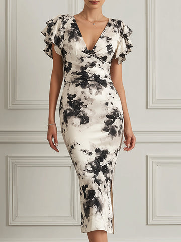 Monochrome Bloom Flutter-Sleeve Midi Dress