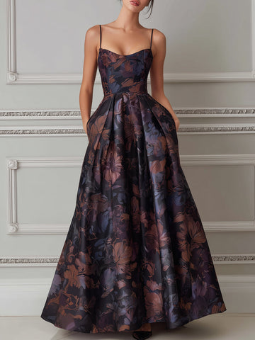 Floral Spaghetti Strap Structured A-Line Maxi Dress