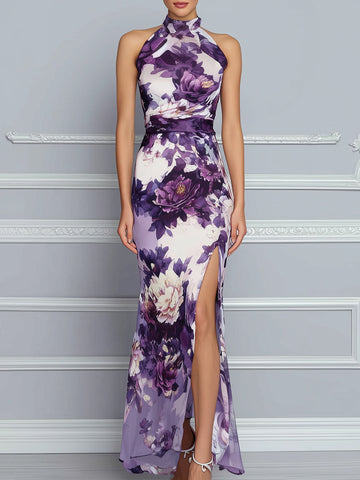 Elegant Halter Neck Purple Floral Print Chiffon Maxi Dress