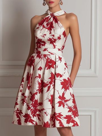 Elegant Red Leaf Print Halter Neck A-Line Midi Dress