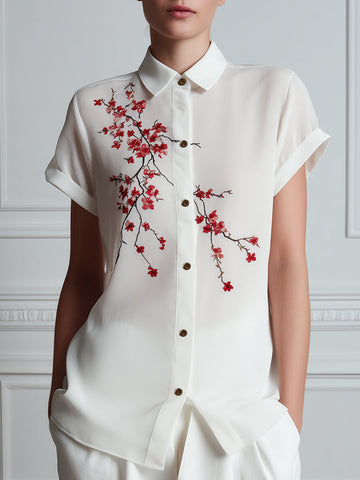 Floral Embroidered Button-Front Short Sleeve Blouse