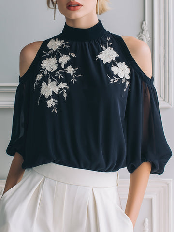 Embroidered High Neck Cold-Shoulder Sheer Sleeve Blouse