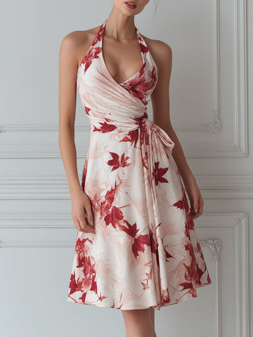 Red Maple Leaf Print Halter Neck Wrap Midi Dress
