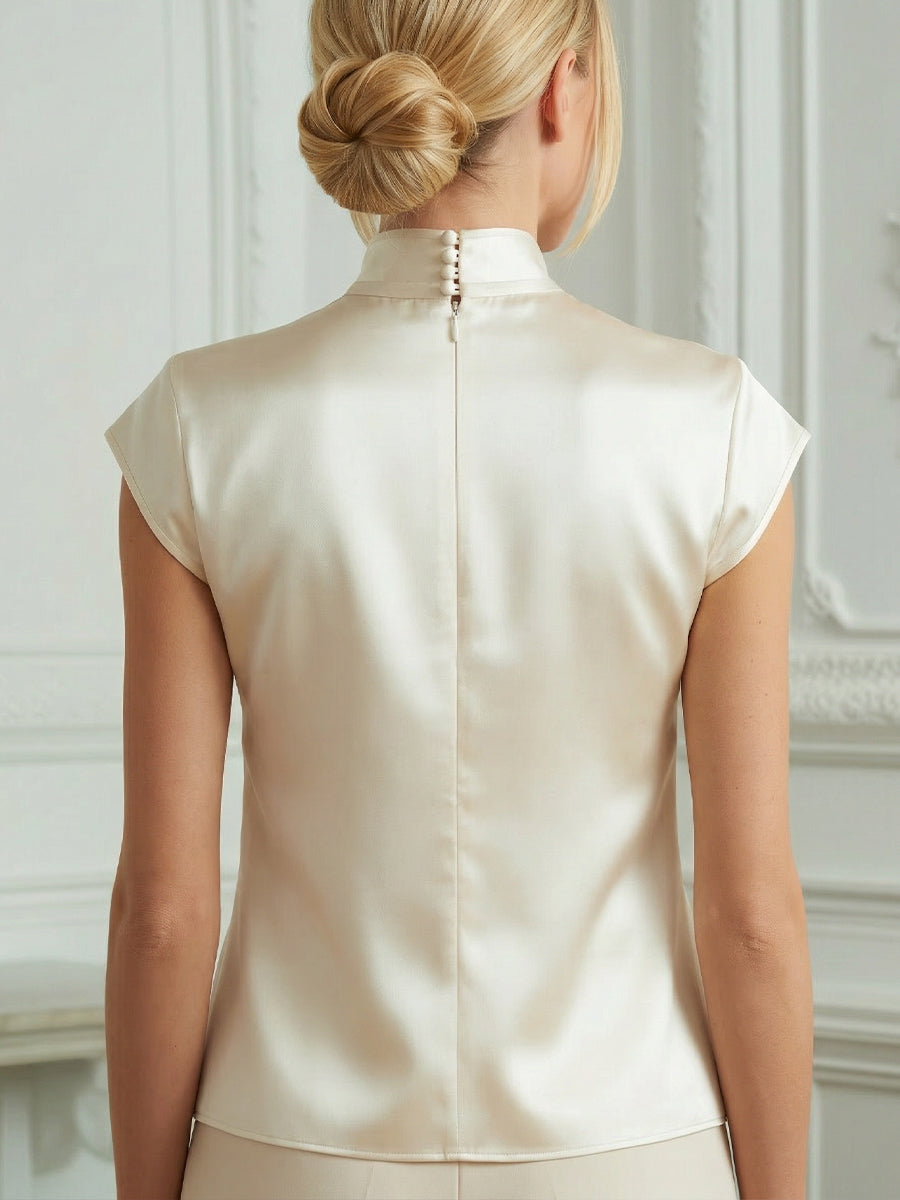 Mandarin Collar Floral Embroidered Cap Sleeve Blouse