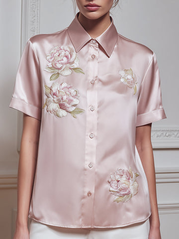 Floral Embroidered Button-Front Short Sleeve Satin Blouse