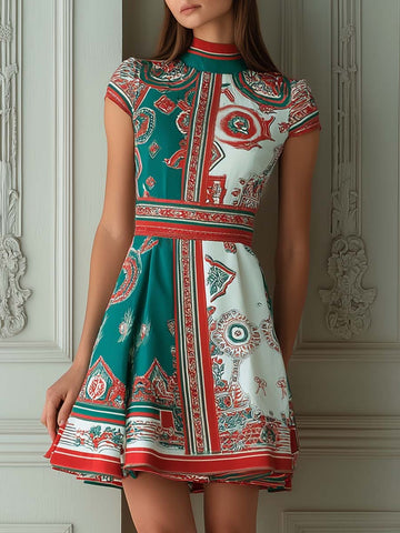 Vintage Baroque Print Mock Neck Short Sleeve Dress