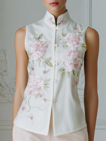 Floral Embroidered Mandarin Collar Sleeveless Blouse