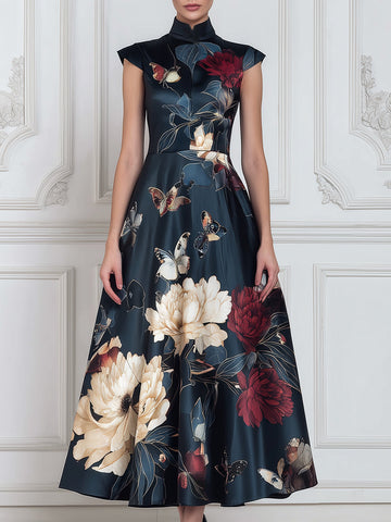 Floral Butterfly Print Mandarin Collar Structured A-Line Midi Dress