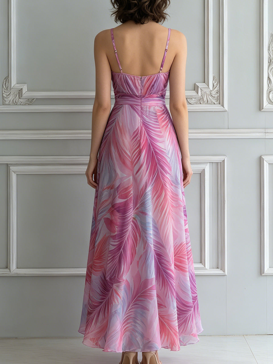 Fuchsia Tropical Leaf Print Chiffon Maxi Dress