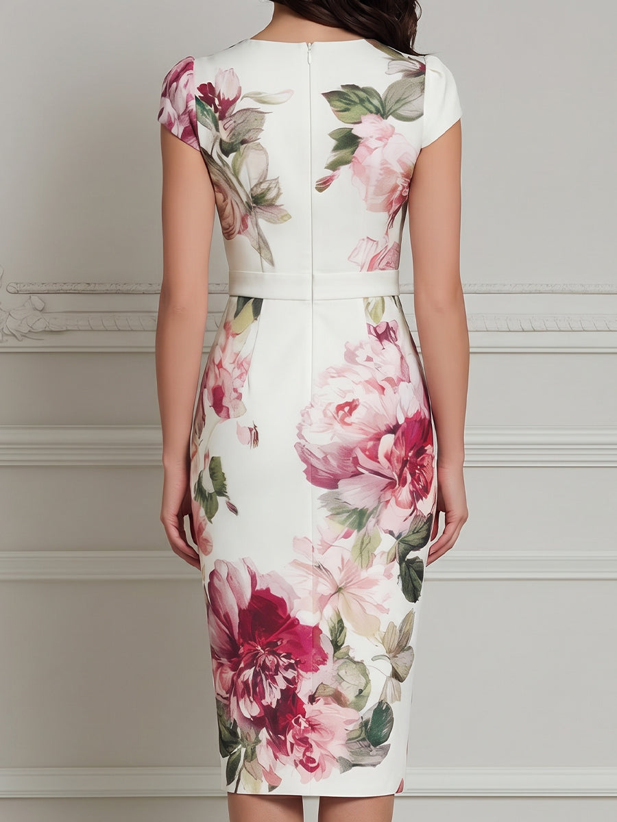 Floral Print Cap Sleeve Sheath Midi Dress