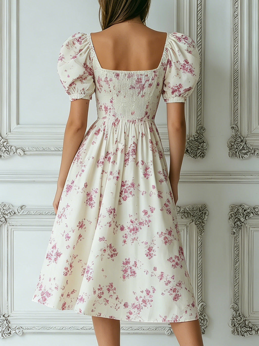 Pink Floral Print Square Neck Puff Sleeve A-Line Midi Dress