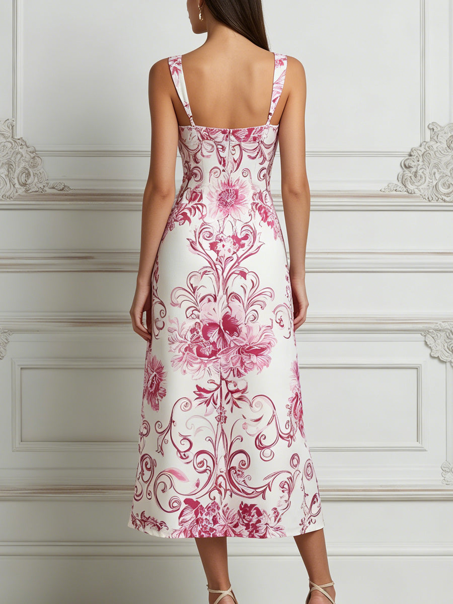 Pink Floral Print Square Neck Sleeveless Midi Dress