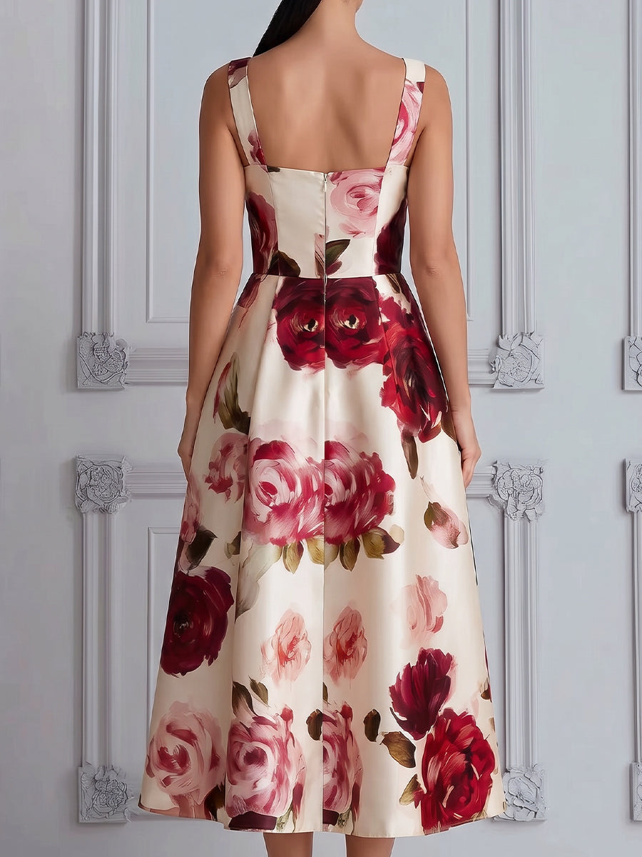 Square Neck Floral Fit And Flare Midi Dress