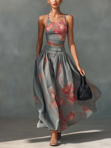 Gray Patterned Stretch Top and Cotton Skirt Set