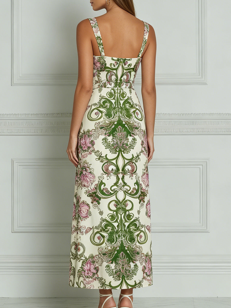 Green Baroque Floral Print Square Neck Maxi Dress