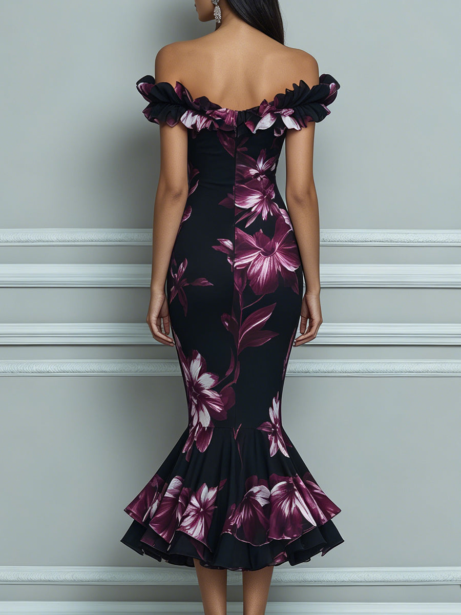 Off Shoulder Ruffle Floral Print Sleeveless Mermaid Midi Dress