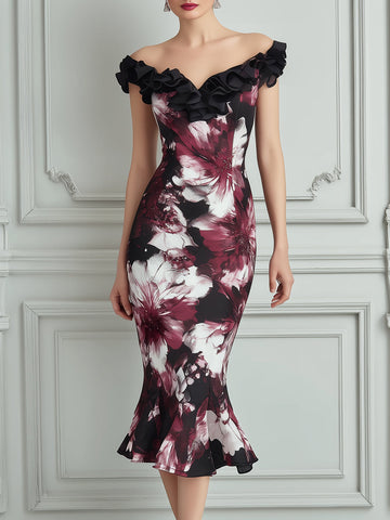 Off-the-Shoulder Floral Print Ruffled Midi Dress