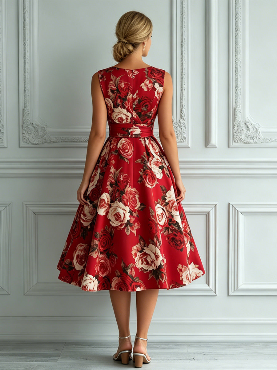 Vintage  Sleeveless Red Rose Floral Print A-Line Midi Dress