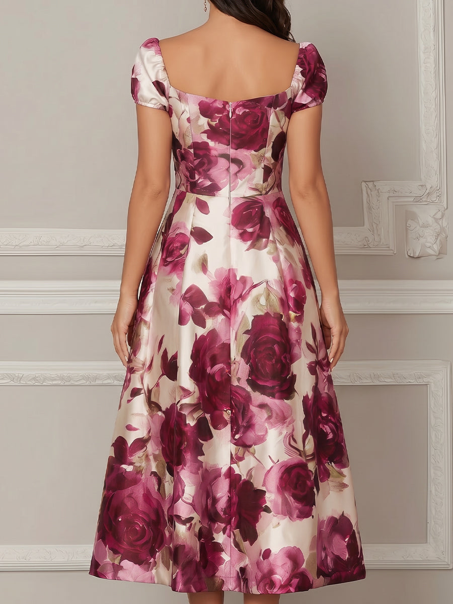 Square Neck Floral Fit And Flare Midi Dress