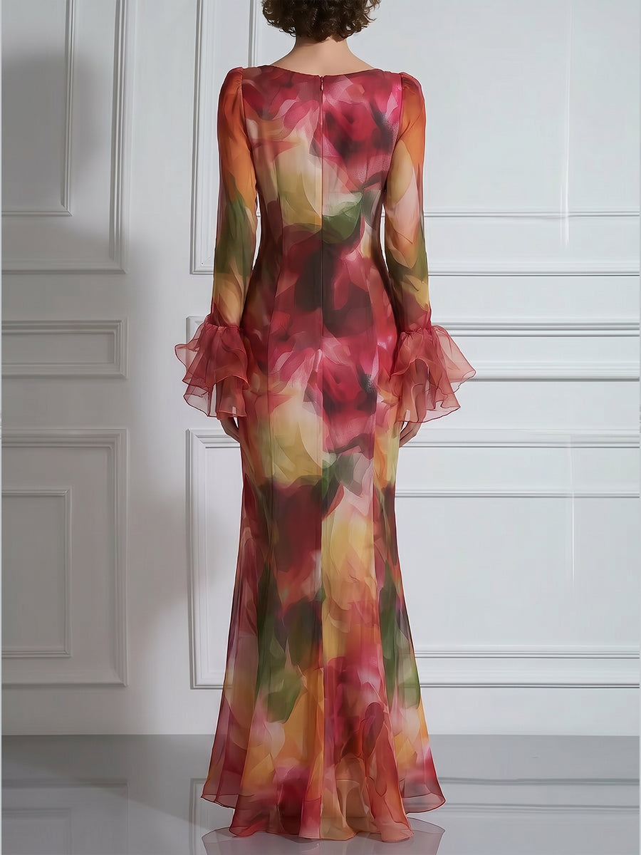 V-Neck Ruffle Sheer Floral Maxi Dress