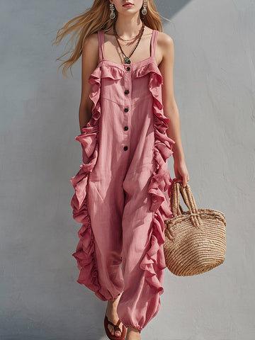Retro Vacation-Style Pink Ruffled Cotton-Linen Sleeveless Jumpsuit