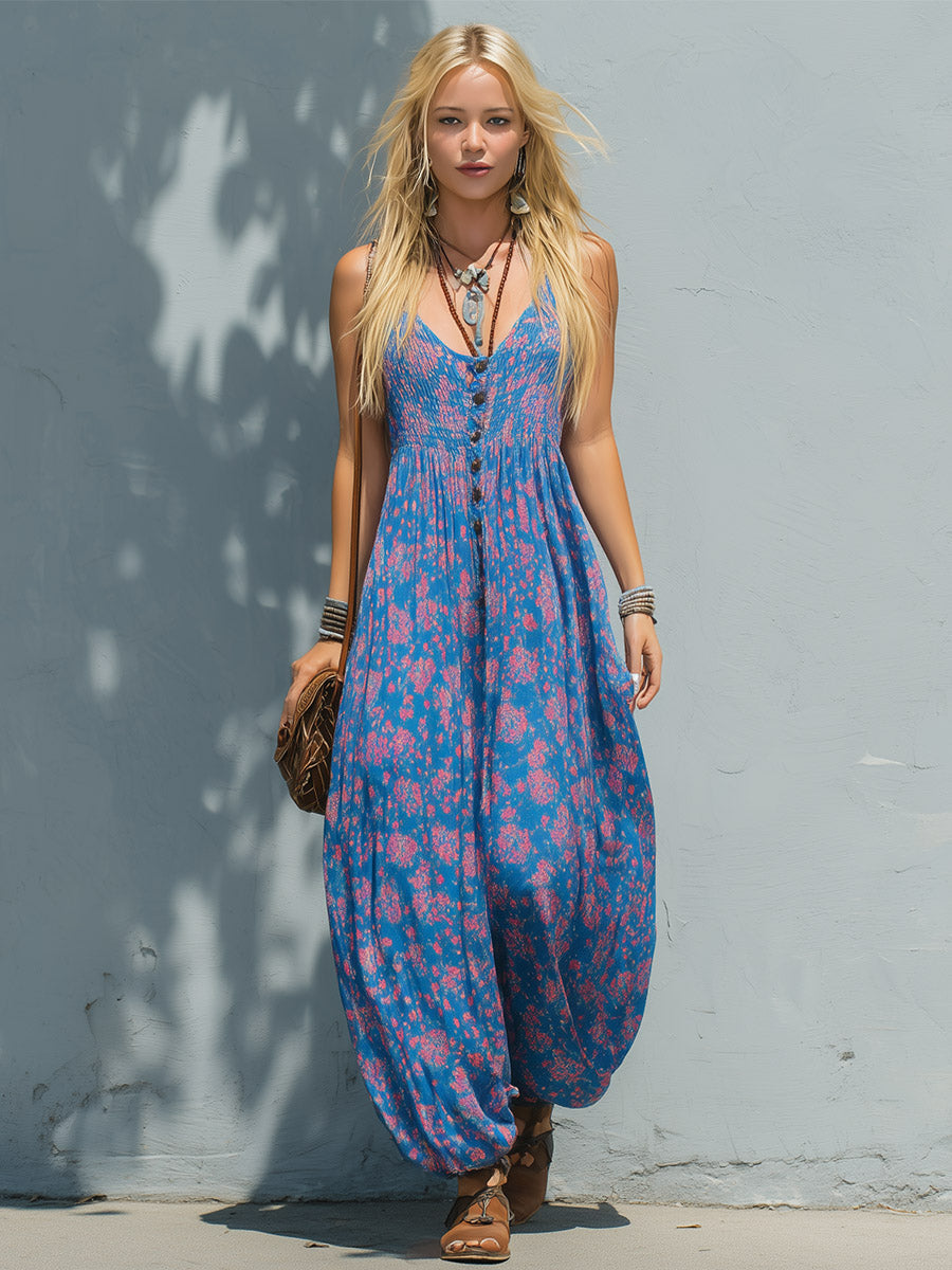 Retro-Casual Blue Color-Block Floral Print Chiffon Spaghetti-Strap Sleeveless Jumpsuit